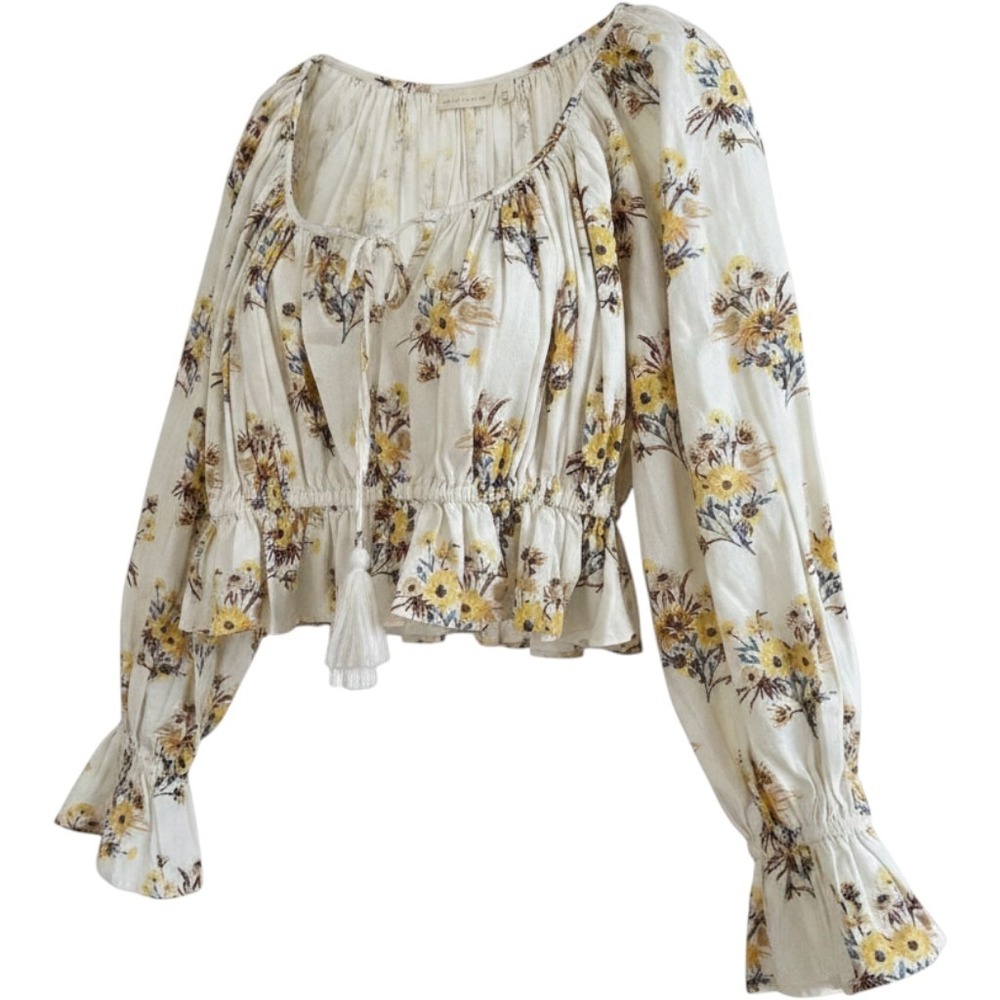 Happy X Nature Cream Floral Puff Sleeve Crop Blouse Size S‎ Cotton Cottagecore